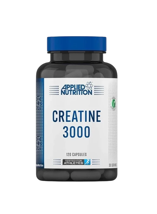 Applied Nutrition Creatine 3000 supplement bottle with 120 capsules, tested for athletes.