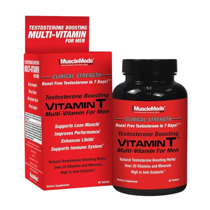 MuscleMeds Vitamin T testosterone boosting multi-vitamin for men. Bottle and box shown.