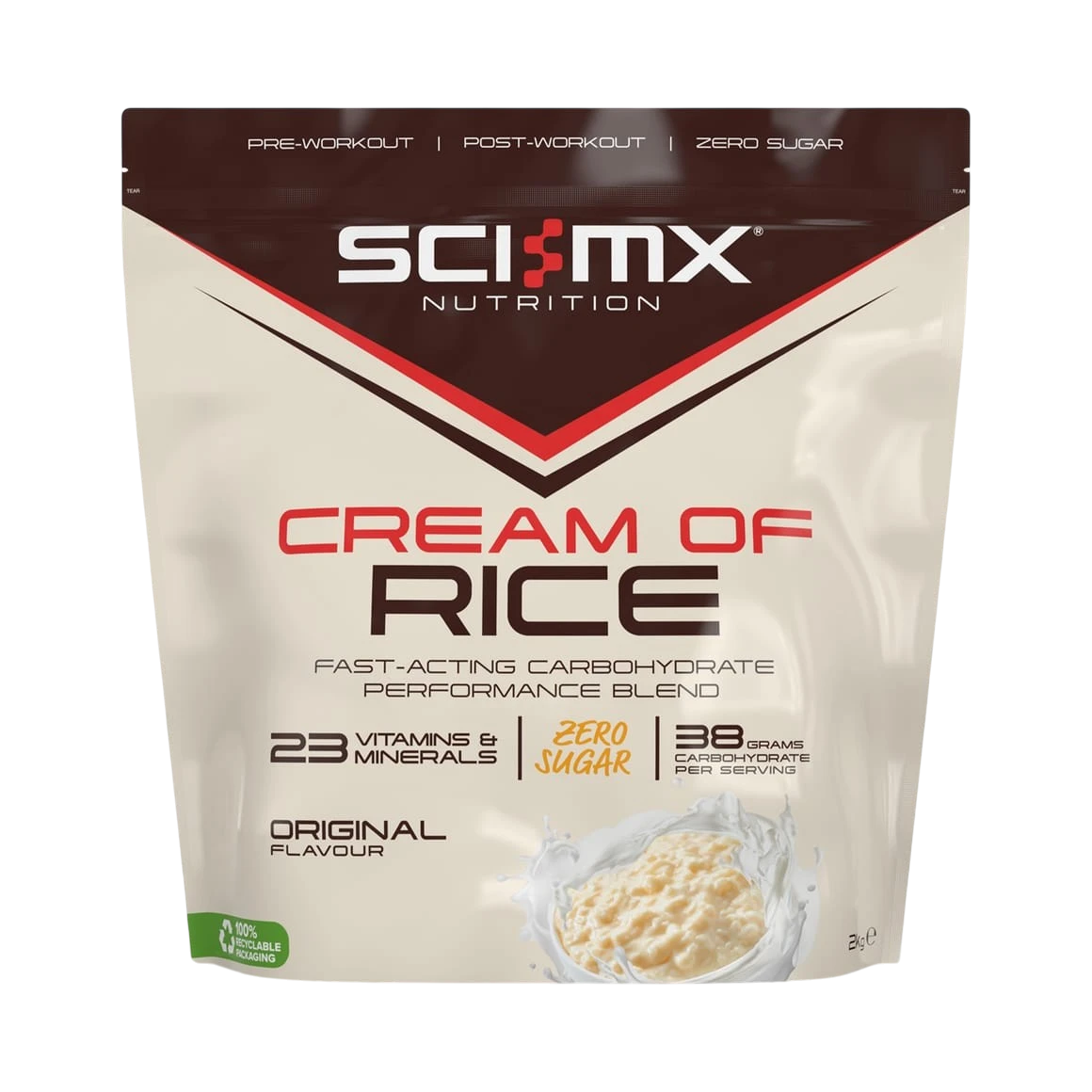 SCI-MX Cream of Rice Zero Sugar Original Flavour carbohydrate supplement pouch with 23 vitamins & minerals and 38g carbs per serving.