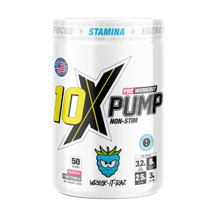 10x Pump Non Stim Pre-workout 600g - Wreck it Raz Flavour